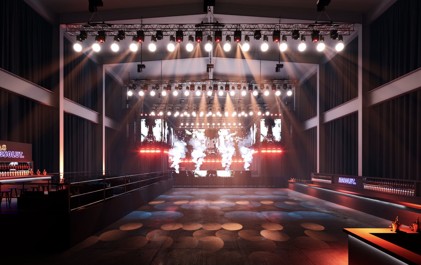 Render del venue con escenario, luces y barras